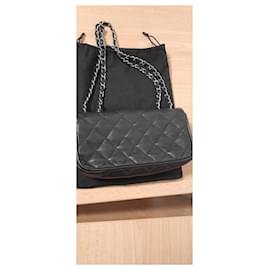 Chanel-Chanel Black grained calf leather  mini rectangle classic flap bag with silver hardware-Black