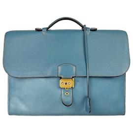 Hermès-Hermès Hermès dépeches work bag in turquoise leather-Blue,Light brown