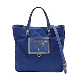 Prada-Prada Prada tote shoulder bag in light blue nylon with gold logo-Blue,Light brown