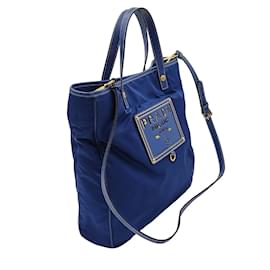 Prada-Prada Prada tote shoulder bag in light blue nylon with gold logo-Blue,Light brown