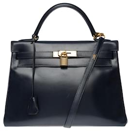 Hermès-Hermes Kelly bag 32 in Navy Blue Leather - 101212-Navy blue