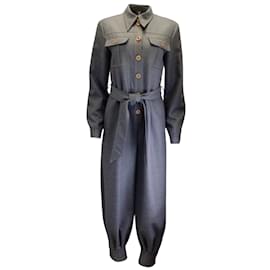 Gucci-Gucci Grey 2019 Belted Military Style Relaxed Fit Wool Jumpsuit-Grey