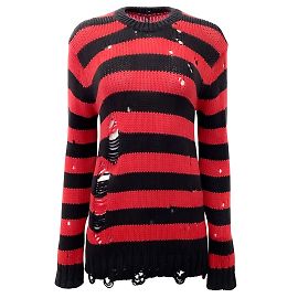 R13 RED / Pull effet vieilli à rayures en coton noir Rouge