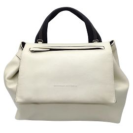 Brunello Cucinelli Cream / Black Monili Beaded Canvas Top Handle Leather Handbag Cream