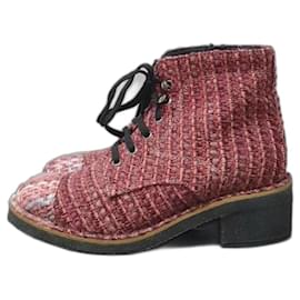 Chanel-Chanel Burgundy Tweed Lace Up Ankle Boots-Multiple colors