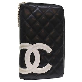 CHANEL Cambon Line Long Wallet Lamb Skin Black CC Auth th3796 Black