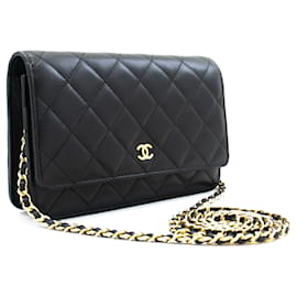 Chanel-CHANEL Cartera clásica negra con cadena Bolso de hombro WOC Piel de cordero-Negro