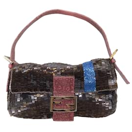 Fendi-Fendi Vintage Marron / pink / Bleu perlé, Paillette Pailletée, et sac à bandoulière bordé de cuir de lézard-Multicolore