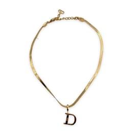 Christian Dior-Gold Metal D Logo Pendant Snake Chain Choker Necklace-Golden