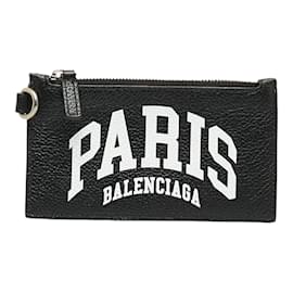 Balenciaga-Porta-cartões com zíper e logotipo em couro 594548-Preto