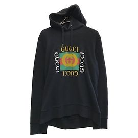 ***GUCCI Vintage verarbeiteter Sweatshirt-Kapuzenpullover mit altem Logo-Print Schwarz
