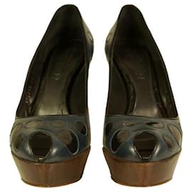 Alexander Mcqueen-Alexander McQueen Zapatos de tacón peep toe con lunares negros de cuero azul talla sz 39-Azul
