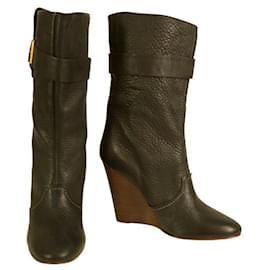 Chloé-Chloé Bottines à talons compensés en cuir noir, bottes de mollet, taille de chaussures 40-Noir