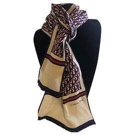 Monogramma vintage Christian Dior 100% Sciarpa Lunga Made in Italy in Seta Bianco Rosso Beige Blu navy