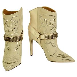 Isabel Marant Milwauke Gray Suede Cream Leather Studs Heel Booties Shoes size 40 Grey