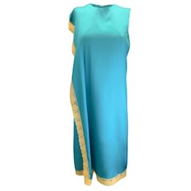 Autre Marque-Atlien Turquoise / Yellow Lace Detail Sleeveless Satin Midi Dress-Blue
