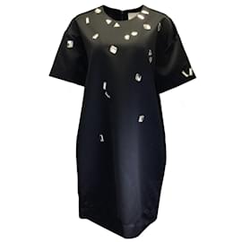 Autre Marque-Mantu Black Crystal Embellished Short Sleeved Satin Dress-Black