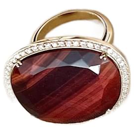 Autre Marque-Anello pavé in oro rosa, bordo tempestato di diamanti, pietra centrale rossa dell'occhio superiore-Marrone,Bordò,Marrone scuro