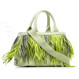Prada-Prada Brown Mini Canapa Convertible Canvas and Feather Tote-Brown,Multiple colors,Beige