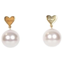 Céline-Gold heart drop pearl stud earrings-Other