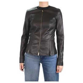 The row Schwarze Lederjacke mit Schößchenbund und vier versteckten Reißverschlüssen – Größe UK 10 Schwarz