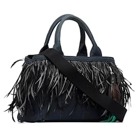 Prada-Prada Black Mini Canapa Convertible Canvas and Feather Tote-Black