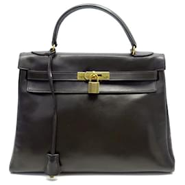 Hermès-VINTAGE HERMES KELLY HANDBAG 32 RETOUNE LEATHER BOX BROWN 1975 BROWN HAND BAG-Brown