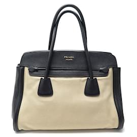 Prada-PRADA CABAS BN HANDBAG2580 IN BEIGE CANVAS & BLACK LEATHER TOTE HAND BAG-Other