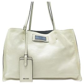 SAC A MAIN PRADA ETIQUETTE CABAS EN CUIR ECRU LEATHER +POCHON SHOPPING BAG Écru
