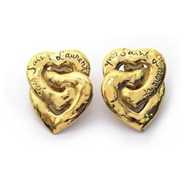 Yves Saint Laurent-VINTAGE YVES SAINT LAURENT lined HEART EARRINGS GOLD METAL EARRINGS-Golden