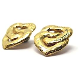 Yves Saint Laurent-VINTAGE YVES SAINT LAURENT lined HEART EARRINGS GOLD METAL EARRINGS-Golden