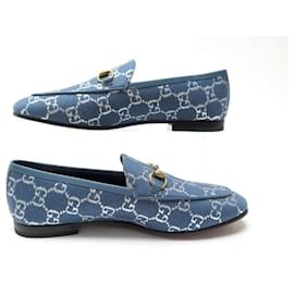 Gucci-NEW GUCCI JORDAAN LOGO GG SHOES 38 IT 39 FR BLUE CANVAS LOAFERS BIT-Blue