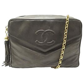 VINTAGE SAC A MAIN CHANEL CAMERA LOGO CC CUIR CHEVRON GRIS HAND BAG PURSE Gris