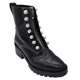 3.1 Phillip Lim Black Hayett Pearl Embellished Lug Sole Leather Ankle Boots Black