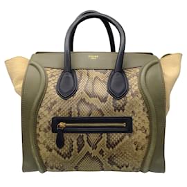 Céline-Celine Olive Green Leather and Python Skin Leather Mini Luggage Handbag-Green
