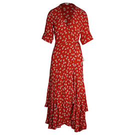 Ganni-Maxi abito floreale stile avvolgente Ganni in viscosa rossa-Rosso