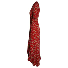 Ganni-Robe longue fleurie style portefeuille Ganni en viscose rouge-Rouge