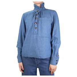 Tory Burch Blaue Taschenbluse mit Rüschenkragen – Größe US 6 Blau