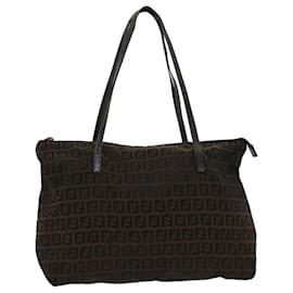 Fendi-FENDI Zucchino Canvas Tote Bag Nylon Brown Black Auth 48180-Brown,Black