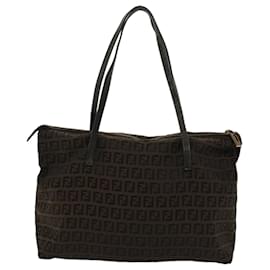 Fendi-FENDI Zucchino Canvas Tote Bag Nylon Brown Black Auth 48180-Brown,Black