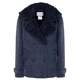 Chanel-Chaqueta de tweed esponjosa con botones CC-Azul marino