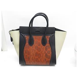 Céline-CELINE LUGGAGE SMALL HANDBAG IN ORANGE BLACK ECRU LEATHER & PYTHON HAND BAG-Other