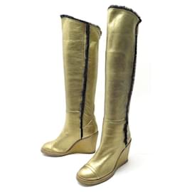 Chanel-CHANEL FUR-LINED BOOTS SHOES 40 GOLD LEATHER GOLDEN FUR LEATHER BOOTS-Golden