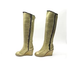 Chanel-CHANEL FUR-LINED BOOTS SHOES 40 GOLD LEATHER GOLDEN FUR LEATHER BOOTS-Golden