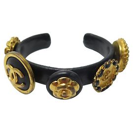 VINTAGE BRACELET CHANEL MANCHETTE MEDAILLONS LOGO CC 18 CUIR METAL STRAP BANGLE Doré