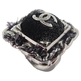 Chanel-BAGUE CHANEL LOGO CC CARREE TAILLE 50 EN METAL NOIR 2013 BLACK RING-Noir