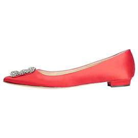 Manolo Blahnik-Red Hangisi bejewelled buckle flats with pointed toe - size EU 38.5-Red