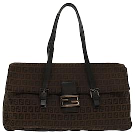 Fendi-FENDI Zucchino Canvas Shoulder Bag Leather Dark Brown Auth bs6815-Dark brown