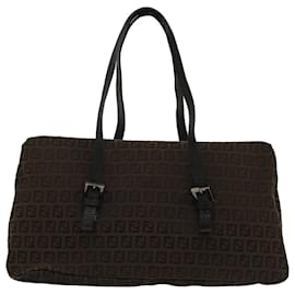 Fendi-FENDI Zucchino Canvas Shoulder Bag Leather Dark Brown Auth bs6815-Dark brown