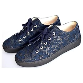 Chanel-Leather and lace shoes-Blue,Dark blue